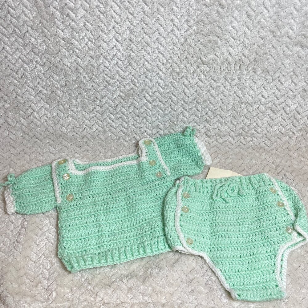 Vintage Handmade Light Green Knitted 2 piece Infant Outfit‎ OS OOAK